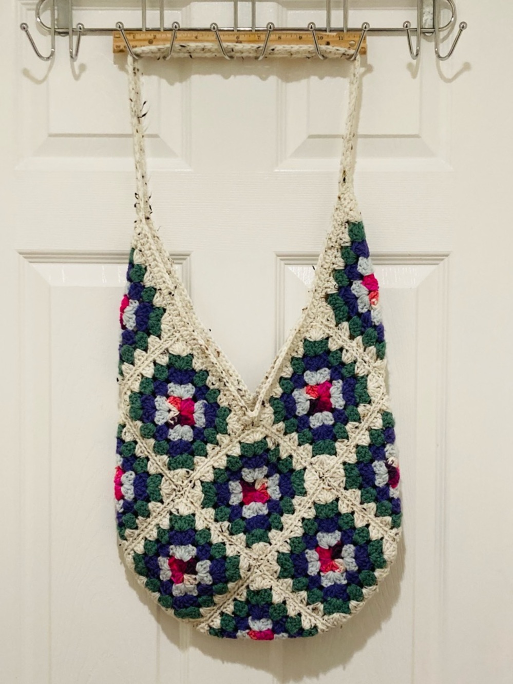 Handmade Crochet Granny Square Boho Shoulder Bag in Cream, Green & Blue